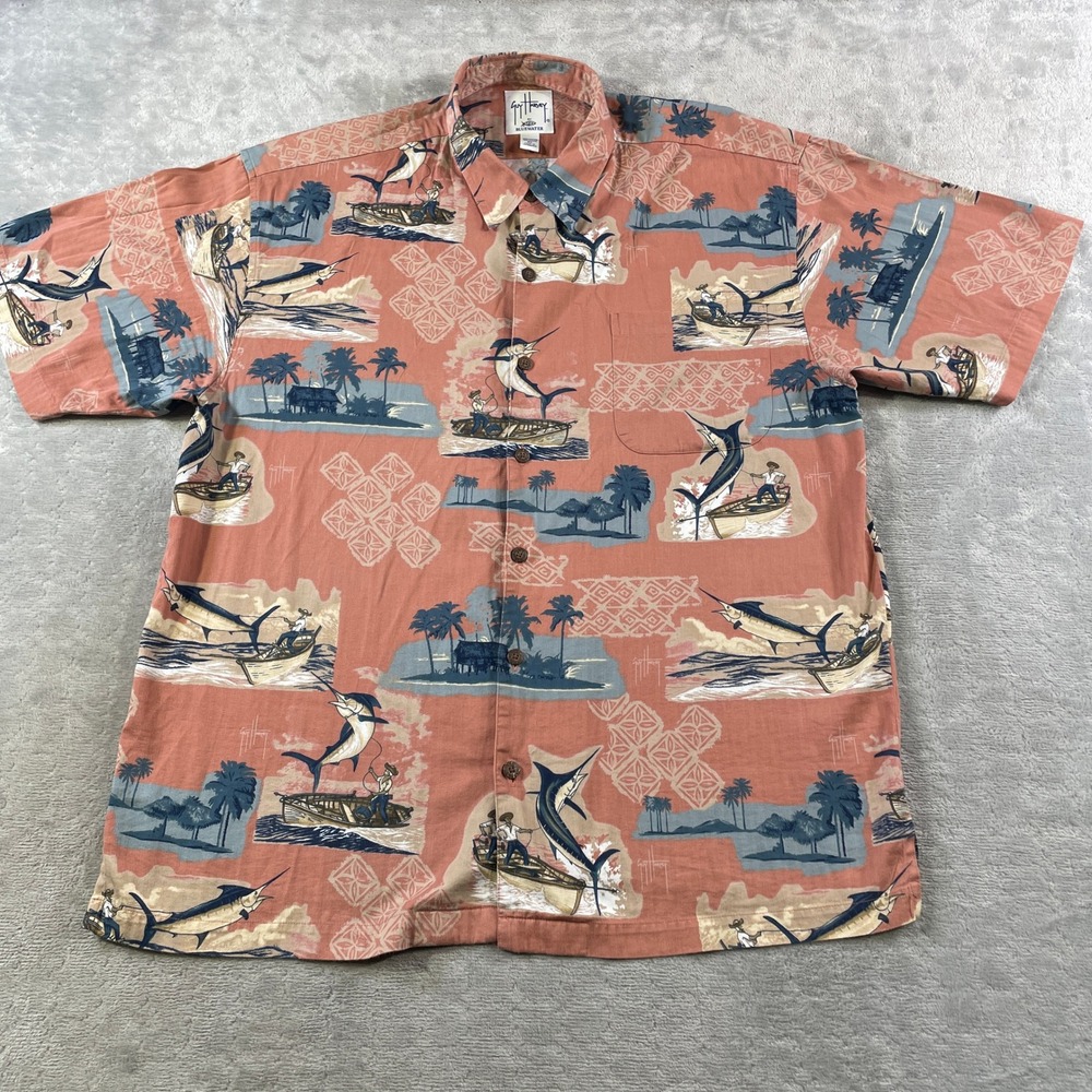 Guy Harvey AFTCO Shirt Bluewater Mens XL Marlin Fishing Hawaiian Summer Beach